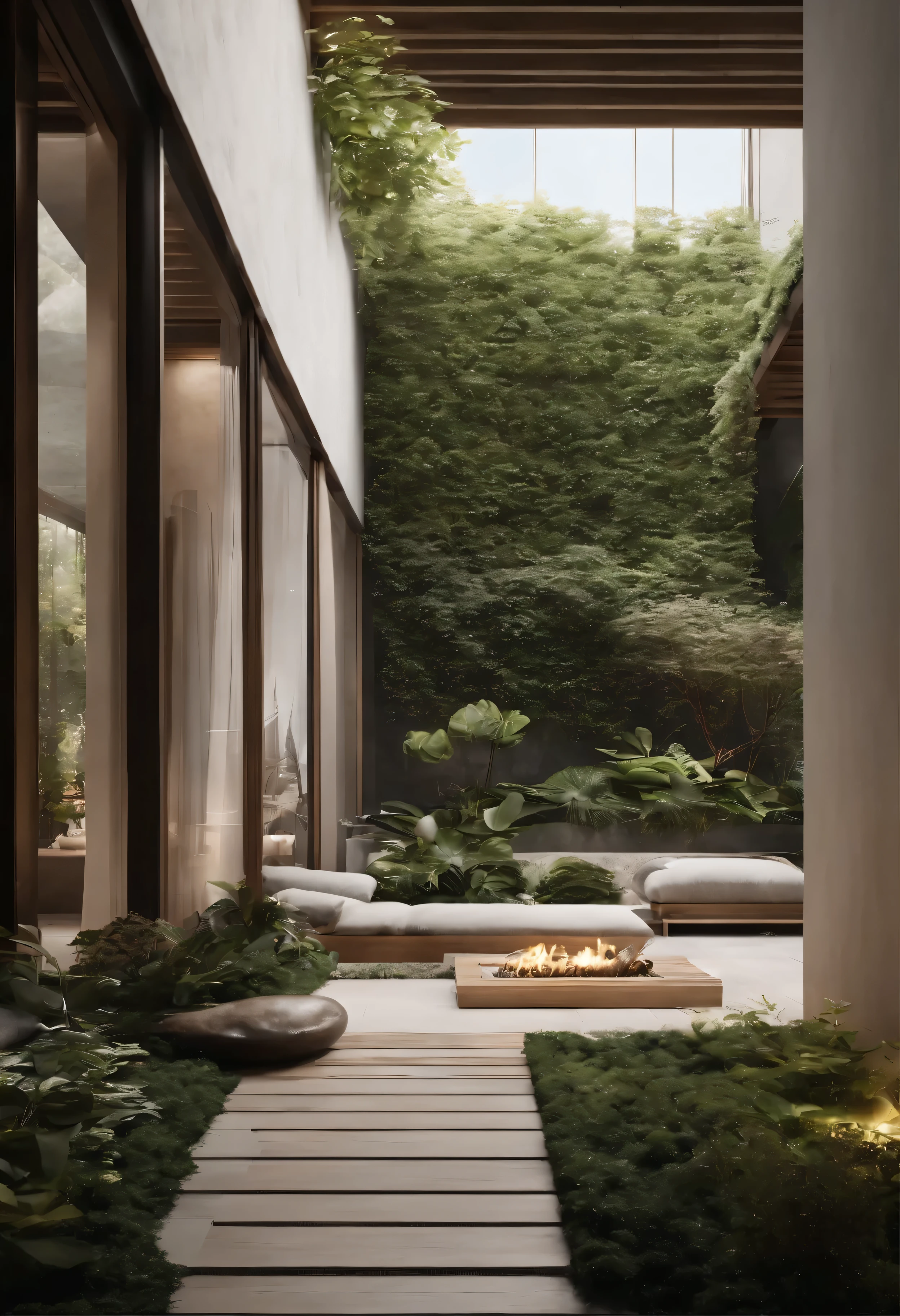 Highlight how the patio merges harmoniously with the modern decor of the room. Descreva os materiais usados, Como madeira e pedra, Creates a smooth transition between the interior space and the garden. Highlights how this integration brings a feeling of calm and tranquility to the environment.