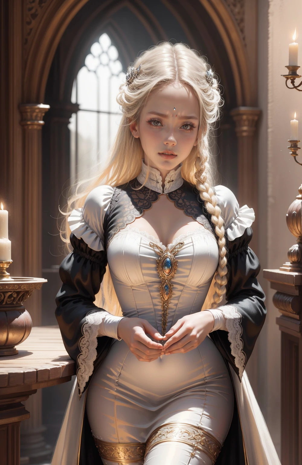 { - anatomy error}(Masterpiece - Ultra-detailed, very high resolution) Prepare to be enchanted by a true masterpiece that combines ultra-detailed art with high-resolution rendering. This work depicts a mesmerizing woman with very long blond hair (1.3) and captivating gray eyes (1.2), emanating an aura of elegance and mystery in Victorian settings. The intricate details and realistic textures invite you to explore every aspect of this enchanting composition. Woman wearing beautiful classic Victorian costume from the year 1878. Red lips. Happy face. Smiling. white (white) dress. dancing lightly, dynamic poses. Get ready to dive into a world where beauty and craftsmanship merge perfectly.