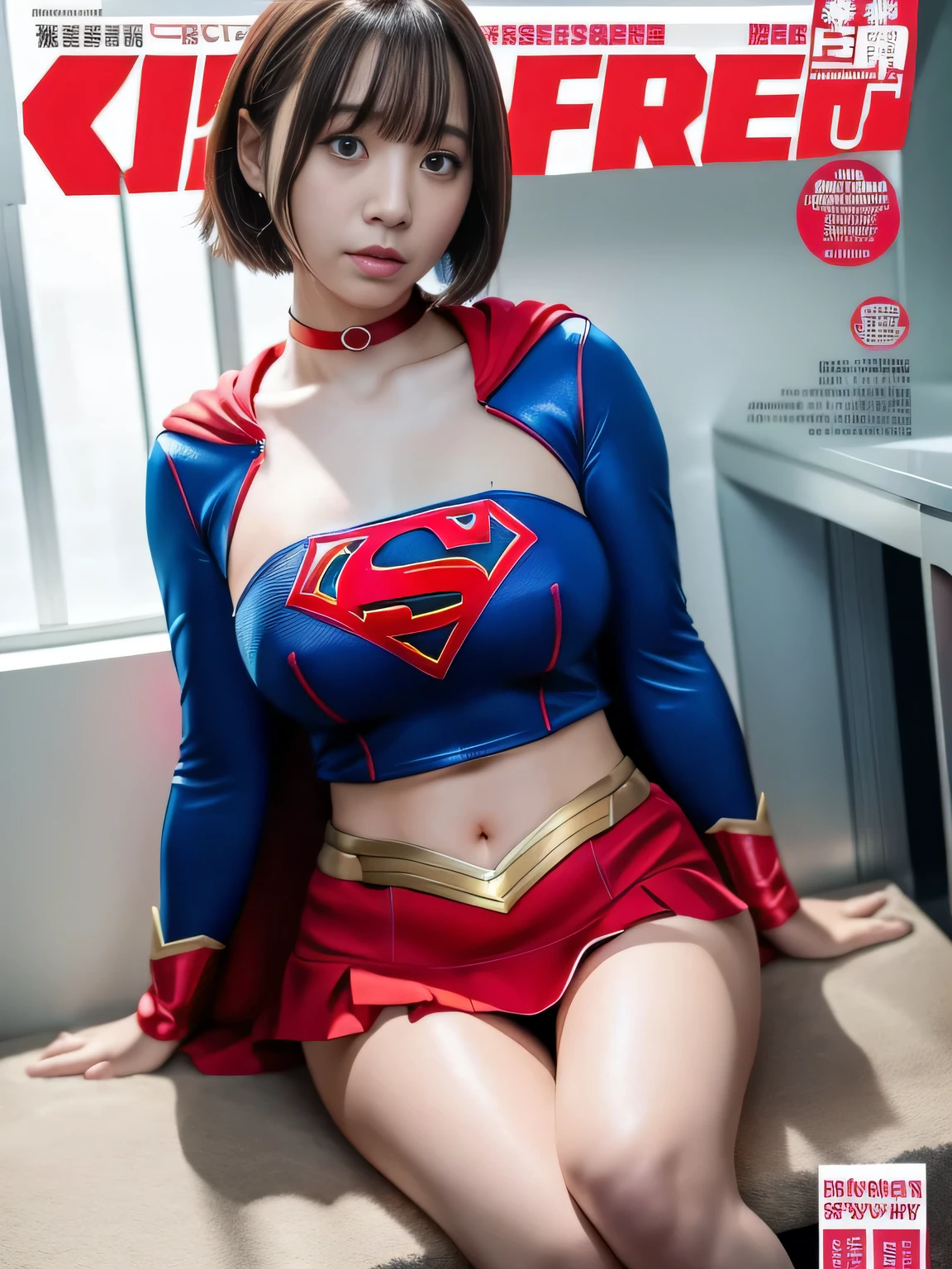 masterpiece、supergirl costume、short hair、big and full breasts、human experiment subjects、Crisis situation、Research room、Experimental facility、Research room、research facility、graduate school、choker、long sleeve、red mini skirt、looking at camera、Weekly magazine cover、barefoot、Sweat、Sweatまみれ、model body shape、from right in front