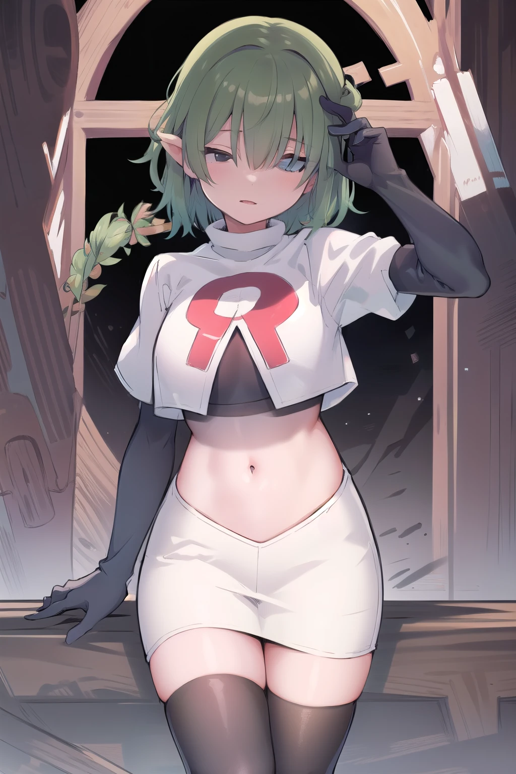 (masterpiece, best quality:1.2),illustration,8k,hd,1girl,solo,green hair,hair over eyes,ribbon,team rocket,team rocket uniform,white skirt,red letter R,crop top,black thigh-highs,black elbow gloves 