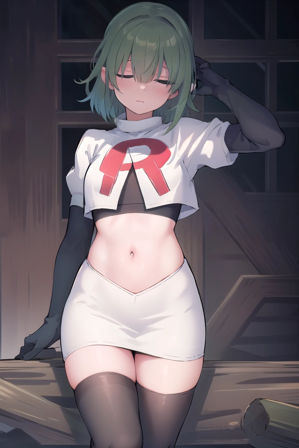 (masterpiece, best quality:1.2),illustration,8k,hd,1girl,solo,green hair,hair over eyes,ribbon,team rocket,team rocket uniform,white skirt,red letter R,crop top,black thigh-highs,black elbow gloves 