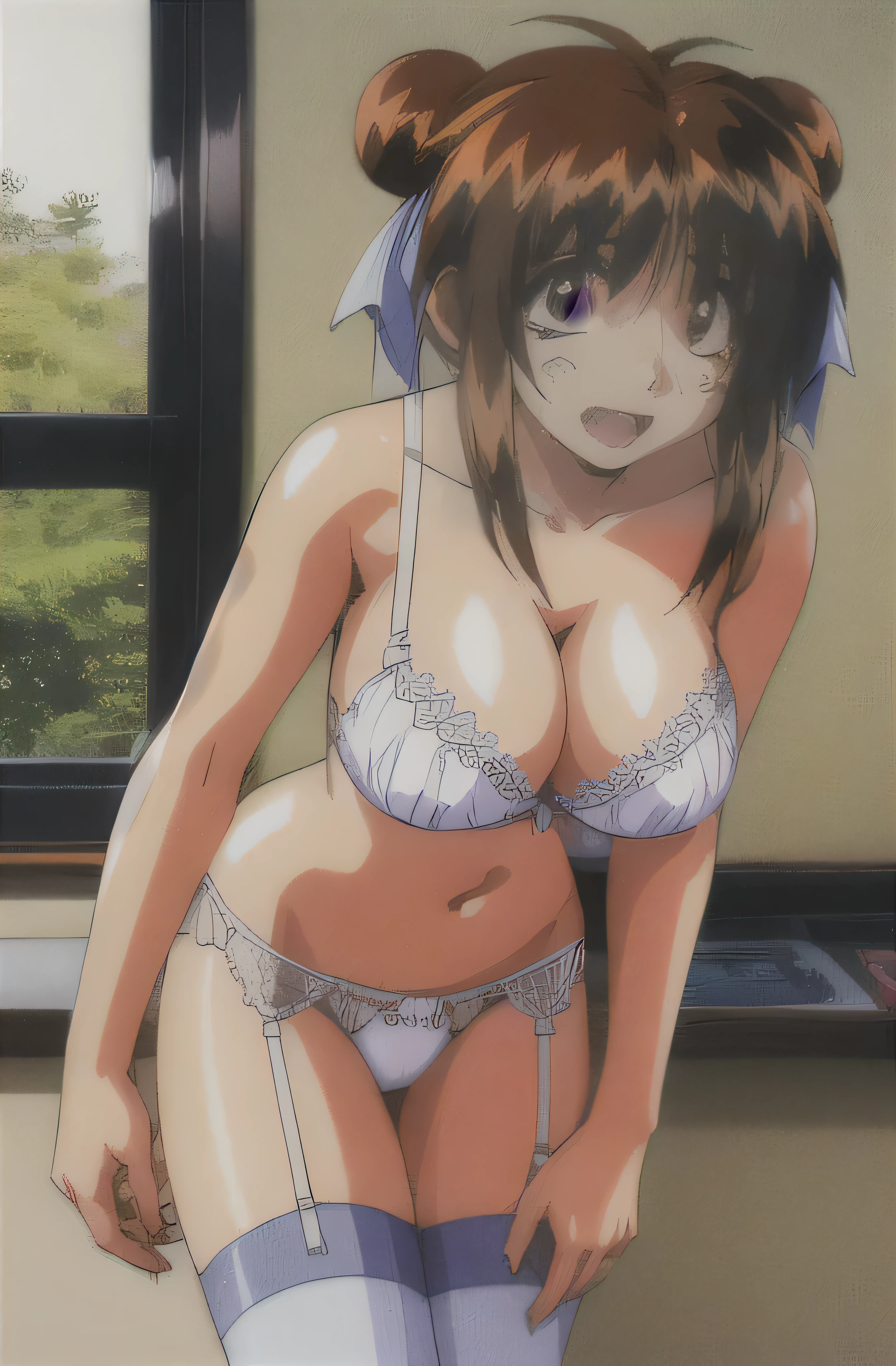 look, 1 girl, alone, hair ribbon, In underwear,white ruffle bra,white panties, clock, garter strap, Thighhighs, teeth, closed one eye, open your mouth, 1990s (style), cleavage, 視聴者をlookいる, leaning forward, cowboy shot, retro artstyle, troubled face,