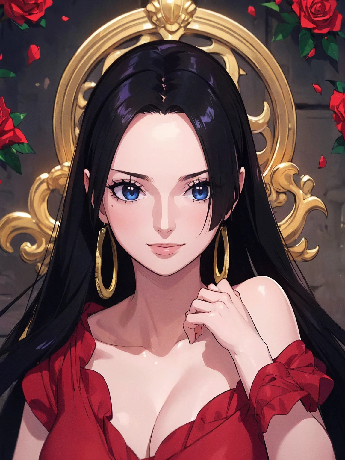 best quality, masterpiece, highly detailed,1girl, ((rose)), (vine), cage, bandage, red rope, (detail light), falling rose petals, Boa Hancock,, (masterpiece:1.5), Detailed Photo, Smiling,(8K, Photorealistic, Best Quality: 1.4), (1girl), Beautiful Face, (anime realistic Face), (Black Hair, long Hair: 1.3), Beautiful Hairstyle, Realistic eyes, beautiful detail eyes, (realistic skin), beautiful skin, (sweater), absurd, attractive, ultra high resolution, ultra realistic, high definition, golden ratio,