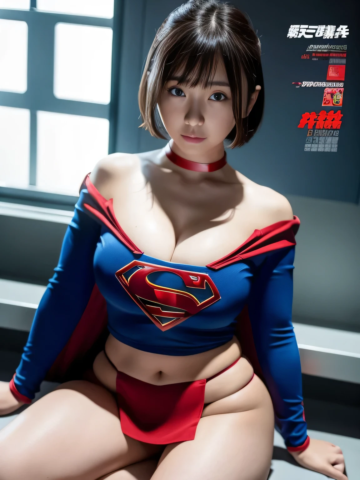 masterpiece、supergirl costume、short hair、big and full breasts、human experiment subjects、Crisis situation、Research room、Experimental facility、Research room、research facility、graduate school、choker、long sleeve、red mini skirt、looking at camera、Weekly magazine cover、barefoot、Sweat、Sweatまみれ、model body shape、from right in front