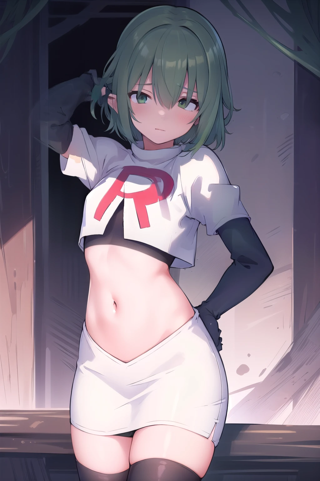 (masterpiece, best quality:1.2),illustration,8k,hd,1girl,solo,green hair,hair over eyes,ribbon,team rocket,team rocket uniform,white skirt,red letter R,crop top,black thigh-highs,black elbow gloves 