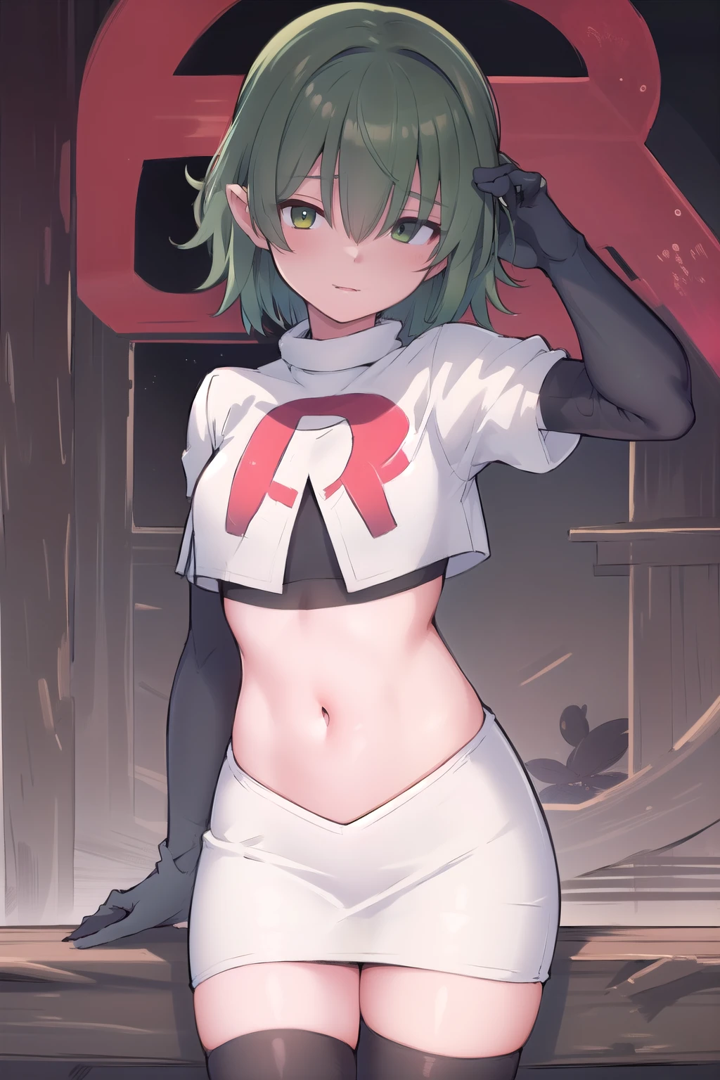 (masterpiece, best quality:1.2),illustration,8k,hd,1girl,solo,green hair,hair over eyes,ribbon,team rocket,team rocket uniform,white skirt,red letter R,crop top,black thigh-highs,black elbow gloves 