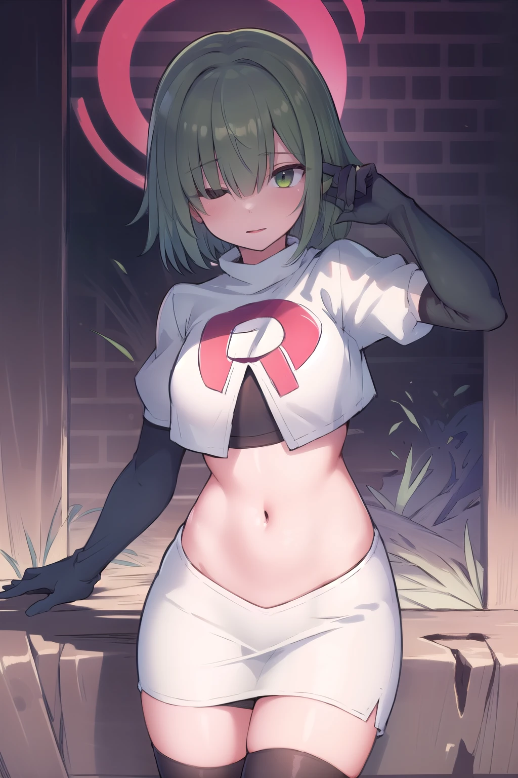 (masterpiece, best quality:1.2),illustration,8k,hd,1girl,solo,green hair,hair over eyes,ribbon,team rocket,team rocket uniform,white skirt,red letter R,crop top,black thigh-highs,black elbow gloves 