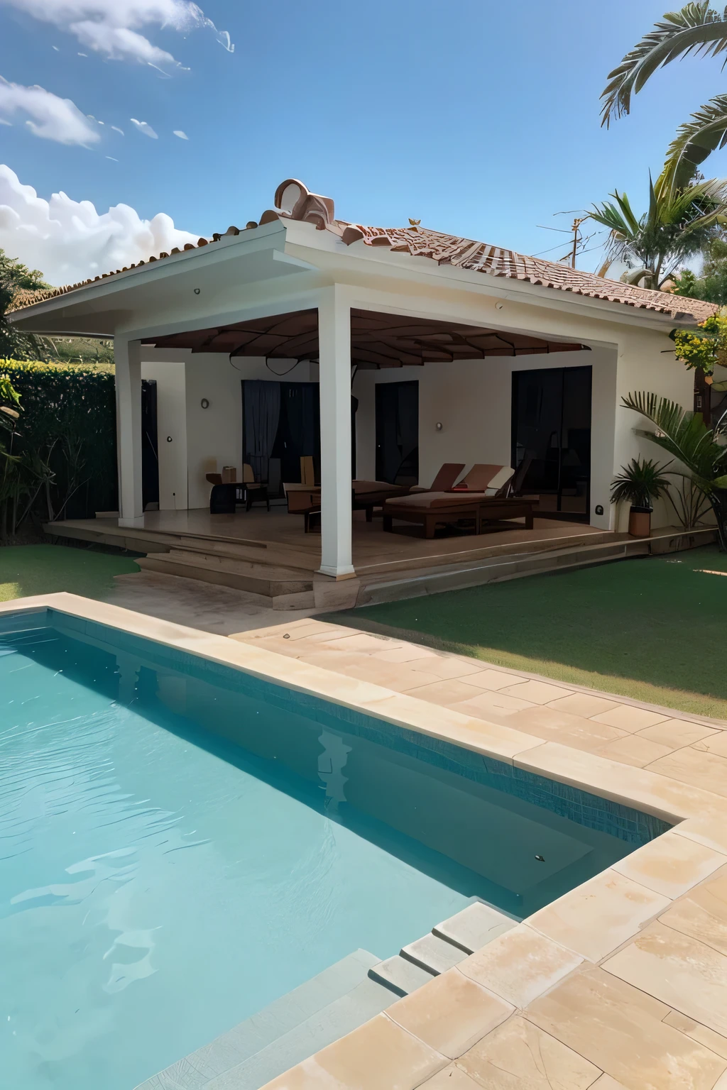 casa realista com piscina cor branca com carro de luxo 