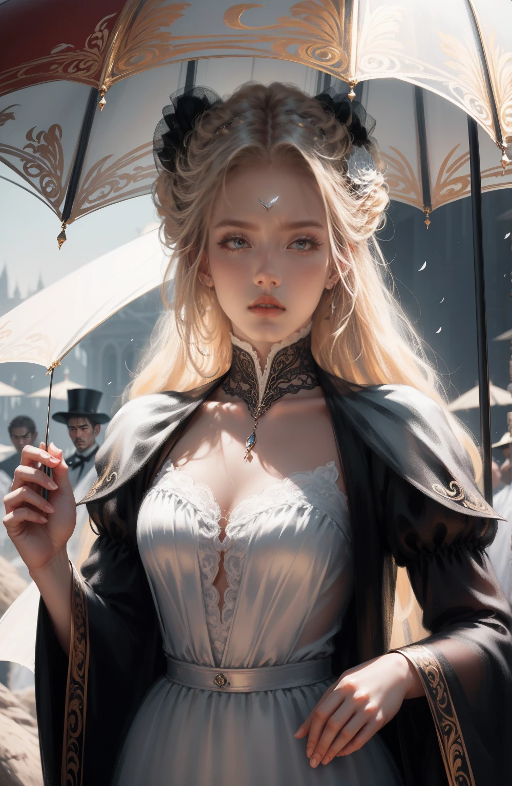 { - anatomy error}(Masterpiece - Ultra-detailed, very high resolution) Prepare to be enchanted by a true masterpiece that combines ultra-detailed art with high-resolution rendering. This work depicts a mesmerizing woman with very long blond hair (1.3) and captivating gray eyes (1.2), emanating an aura of elegance and mystery in Victorian settings. The intricate details and realistic textures invite you to explore every aspect of this enchanting composition. Woman wearing beautiful classic Victorian costume from the year 1878. Red lips. Happy face. Smiling. Delicate smile. white (white) dress. on the sun with umbrella, dynamic poses. Get ready to dive into a world where beauty and craftsmanship merge perfectly.