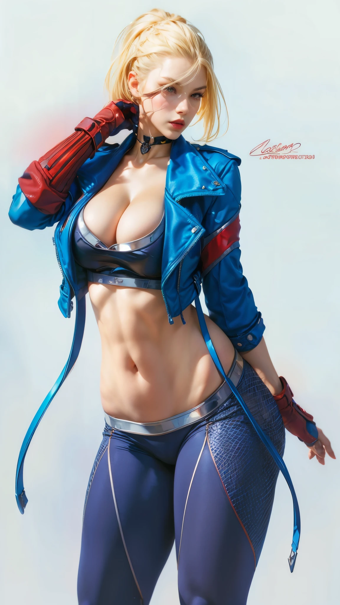 a close up of a woman in a blue outfit with a red and blue jacket, extremely detailed artgerm, style artgerm, artgerm style, ig model | artgerm, in style of artgerm, cutesexyrobutts, in the style artgerm, by Artgerm, drawn in the style of artgerm