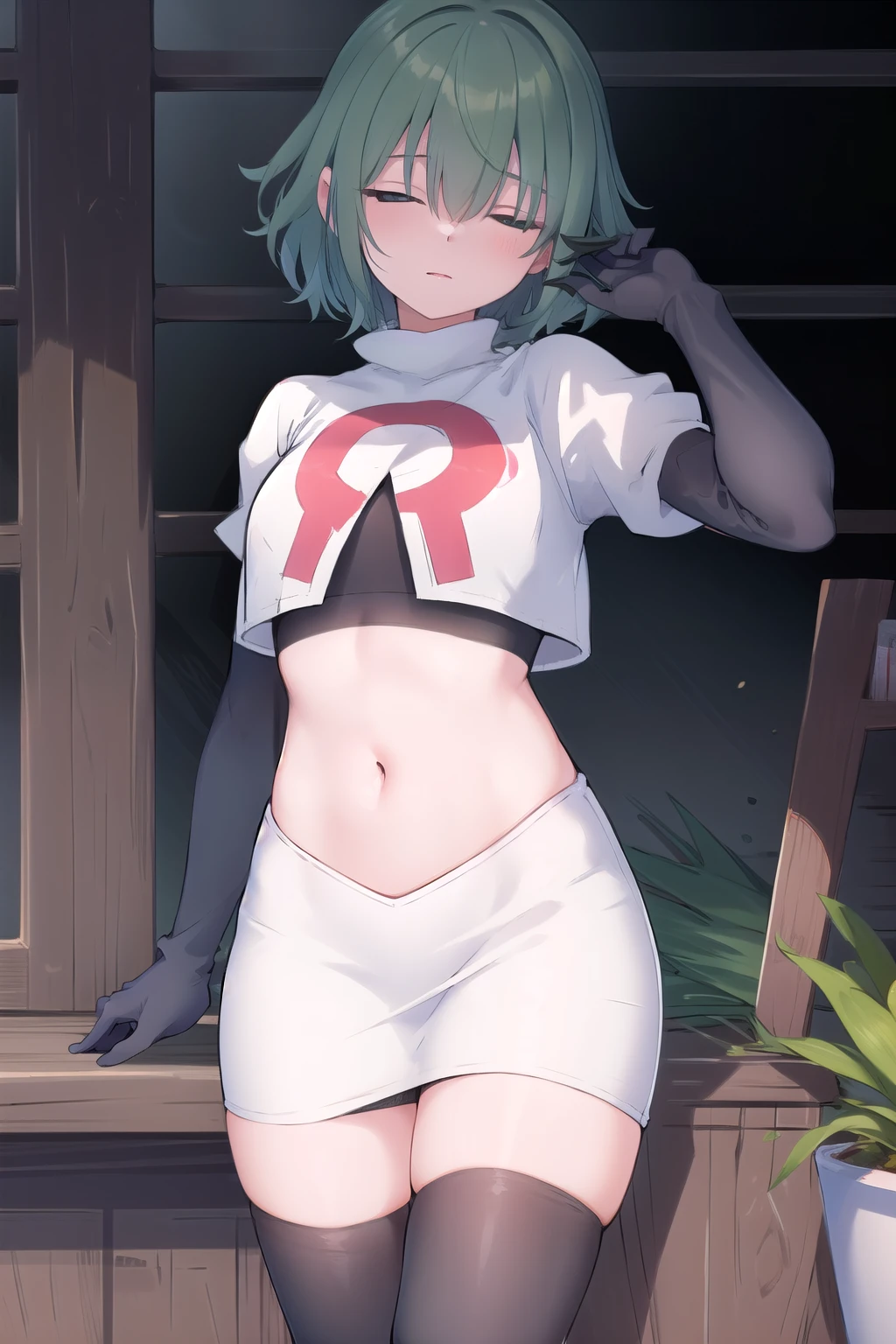 (masterpiece, best quality:1.2),illustration,8k,hd,1girl,solo,green hair,hair over eyes,ribbon,team rocket,team rocket uniform,white skirt,red letter R,crop top,black thigh-highs,black elbow gloves 