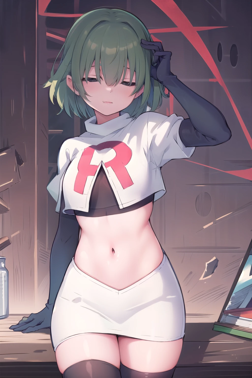 (masterpiece, best quality:1.2),illustration,8k,hd,1girl,solo,green hair,hair over eyes,ribbon,team rocket,team rocket uniform,white skirt,red letter R,crop top,black thigh-highs,black elbow gloves 