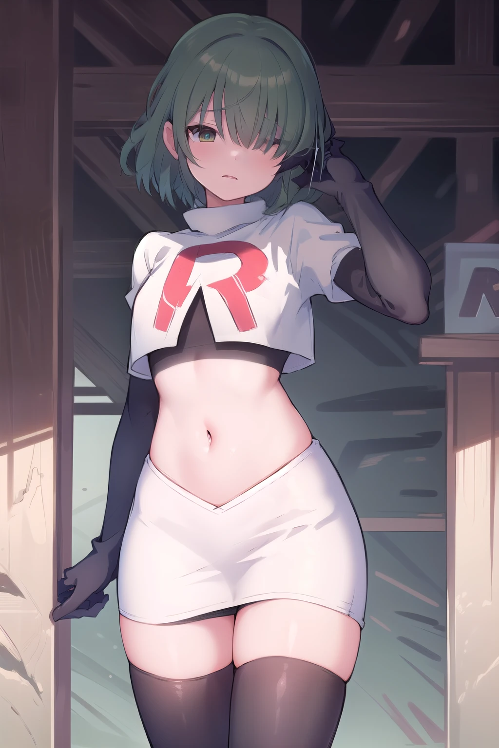 (masterpiece, best quality:1.2),illustration,8k,hd,1girl,solo,green hair,hair over eyes,ribbon,team rocket,team rocket uniform,white skirt,red letter R,crop top,black thigh-highs,black elbow gloves 