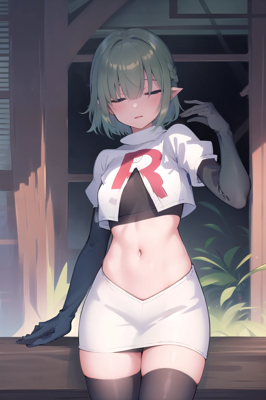 (masterpiece, best quality:1.2),illustration,8k,hd,1girl,solo,green hair,hair over eyes,ribbon,team rocket,team rocket uniform,white skirt,red letter R,crop top,black thigh-highs,black elbow gloves 