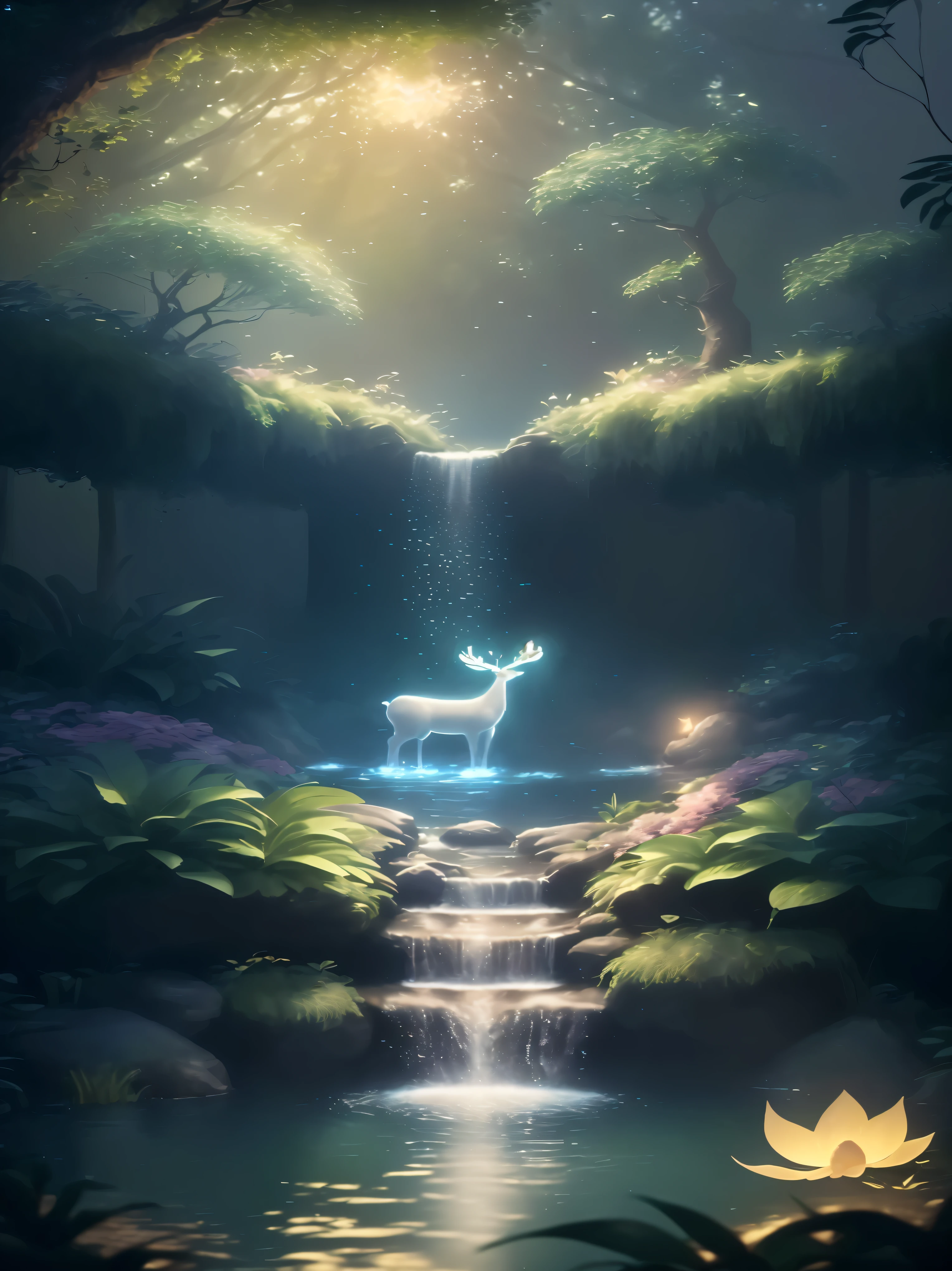 Meisterwerk, best quality, (Sehr detailliertes CG Unity 8K-Hintergrundbild), (best quality), (beste Illustration), (Beste Schatten), Glühsprite, mit einem leuchtenden Hirsch, im Schwimmbad Trinkwasser, natural elements in the forest theme. Geheimnisvoller Wald, Beautiful forest, natur, umgeben von Blumen, delicate leaves and branches surrounded by fireflies (natural elements), (Dschungelthema), (leaves), (Zweigfliegen), (Partikeleffekte) usw. 3D , Oktanwiedergabe, Raytracing, super detailliert --v6