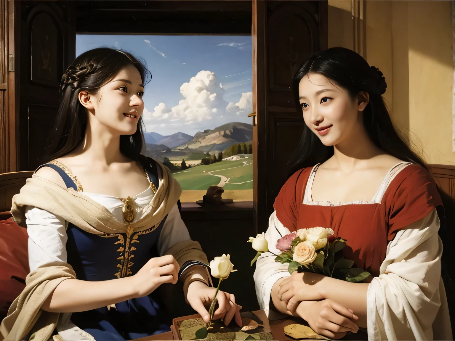 Giorgione painting style,Arguments of two female Philosophe,math、astronomical machine、astronaut、roses in vase、fruits、Cute trinkets、smile、ancient greek costume、Ancient Roman landscape in the style of Nicolas Poussin,laughter,,Sweet and seductive appearance.、Caravaggio's paintings、Chiaroscuro of Caravaggio、hair tousled by the wind,Two women frolicking,cute smile, expression of ecstasy,Sexy,erotic