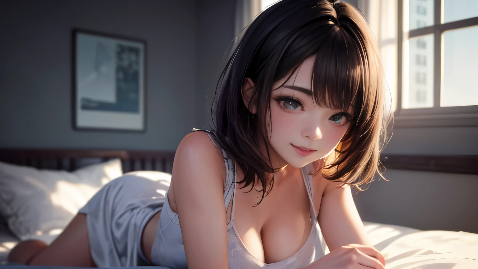 1 photo、((highest quality)), ((masterpiece)), (be familiar with: 1.4), 3D, HDR (high dynamic range), ray tracing, NVIDIA RTX, super resolution, unreal 5, scattered below the surface, PBR texture, Post-processing, anisotropic filtering, written boundary depth, maximum sharpness and sharpness, multilayer texture, Albedo and highlight mapping, surface coloring, Accurate simulation of honey-material interactions, perfect proportions, octane rendering, Large Diameter, Low ISO, White balance, Usually 3 o&#39;clock, 8,000 students, Beautiful and bright pupils, delicate face and eyes, long eyelashes, short bob hair, straight hair、brown hair、pink lips, Pure, cute, sweet girl, smile、cleavage、18-year-old、bedに寝ている、bed、smile、cleavage