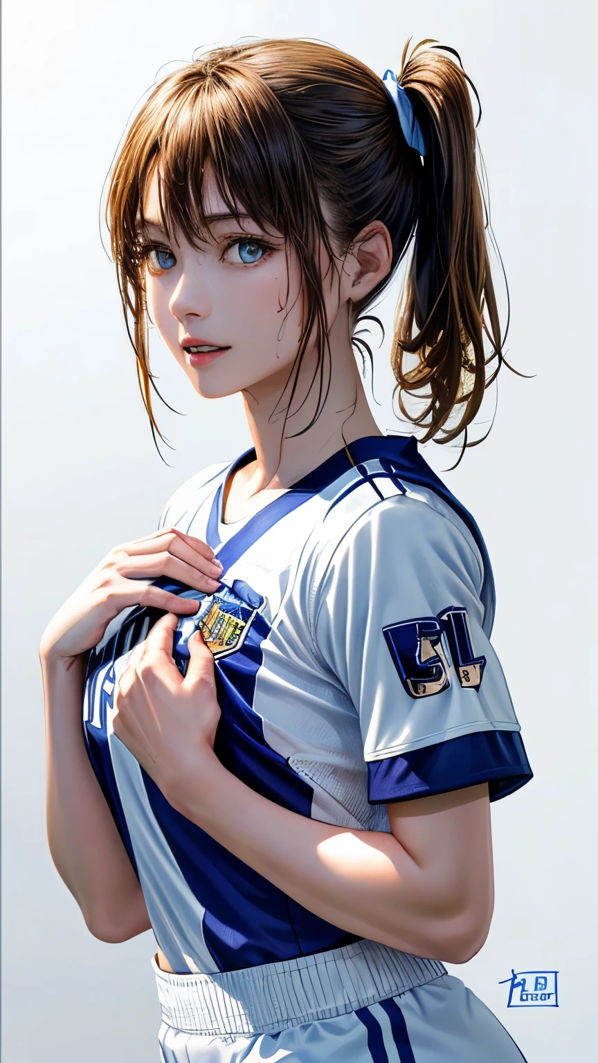 (highest quality、8k、32K、masterpiece)、(realistic)、(Photoreal:1.2)、(High resolution)、Super detailed、very beautiful face and eyes、1 girl、round and small face、thin waist、delicate body、(close、highest quality、high detail、rich skin details)、(highest quality、8k、oil paint:1.2)、Super detailed、(realistic、realistic:1.37)、bright colors、(((I'm blonde)))、(((bust shot)))、(((medium hair、blonde hair)))、(((pure white wall background)))、(((wearing a blue and white uniform)))、(((blue and white uniform)))、(((pure white wall background)))、(((Wearing a football uniform)))、(((Vneck uniform)))、(((stripes々Patterned uniform)))、(((looking good)))、(((sweaty skin)))、(((He looks like he's having fun)))、(((I'm putting my hand on my chest)))、(((teeth visible)))、(((wearing a soccer uniform)))、(((A short-sleeved uniform)))、(((There are numbers written on the uniform.)))、(((Side ponytail hair)))