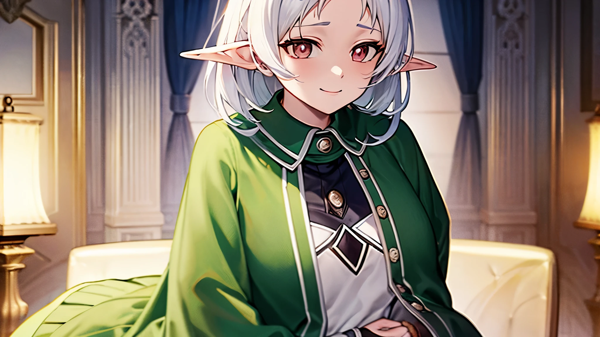 a cute character with a shy smile named Sylphie with elf-like ears and white short hair, the eyes are red colored with black pupils. The character is wearing a white long-sleeve shirt and a brown skirt, is sitted on a chair amidst a serene and beautifully illuminated room while she holds an elf baby with light brown hair, inside blankets on her arms. Mushoku Tensei. anime style masterpiece. Ultra HD. Super Details. Best Quality