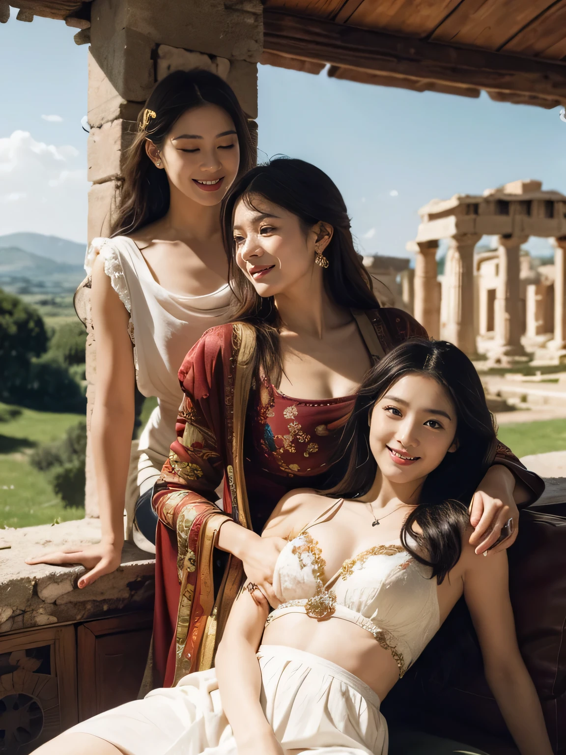Giorgione painting style,Arguments of two female Philosophe,math、astronomical machine、astronaut、roses in vase、fruits、Cute trinkets、smile、ancient greek costume、Ancient Roman landscape in the style of Nicolas Poussin,laughter,,Sweet and seductive appearance.、Caravaggio's paintings、Chiaroscuro of Caravaggio、hair tousled by the wind,Two women frolicking,cute smile, expression of ecstasy,Sexy,erotic