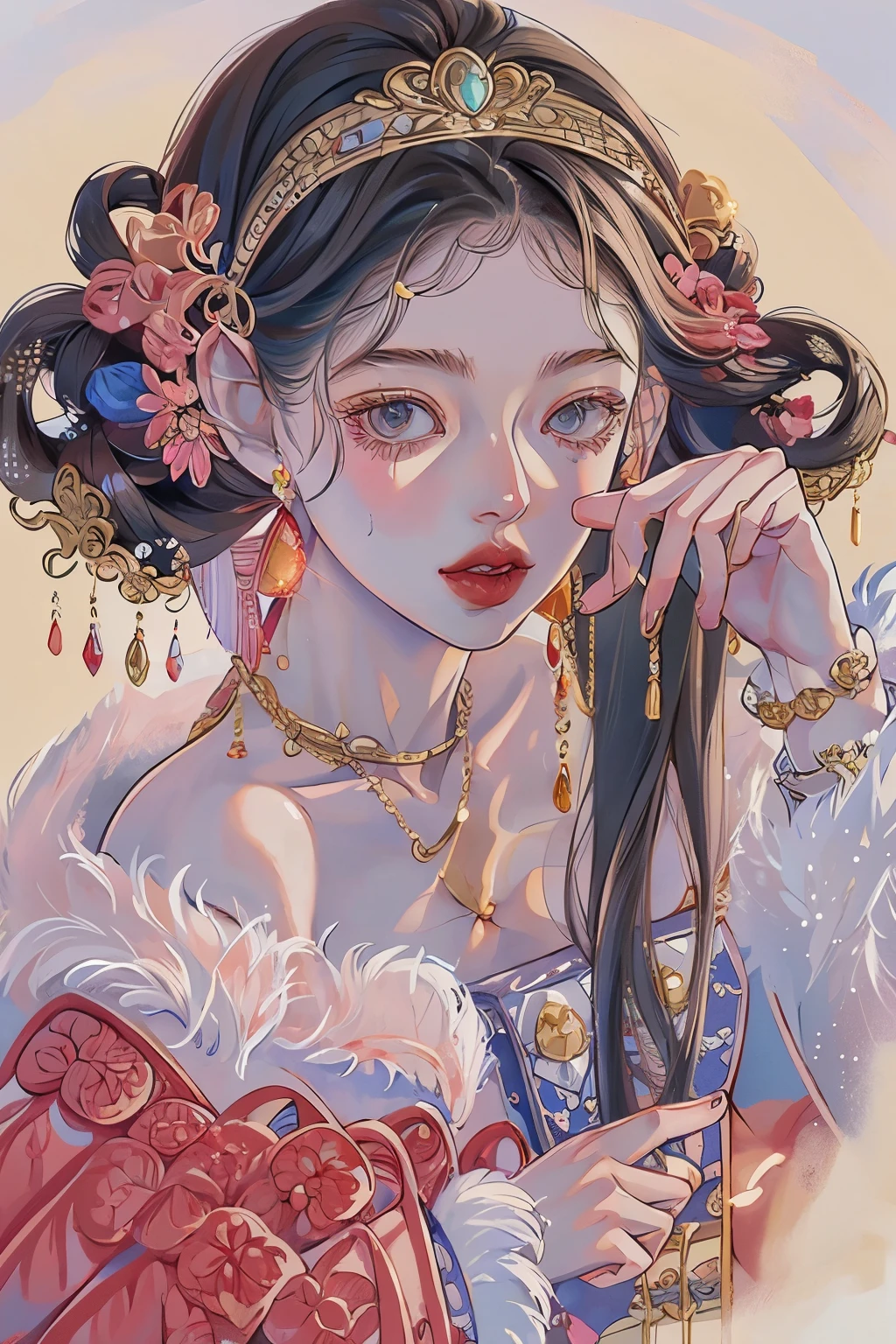 8k，best quality，1 girl，Pink clothes，Sapphire eyes and beautiful facial details，masterpiece，best quality，close up，Upper body，Wearing a red fur shawl，Off the shoulders，black hair，golden hair accessories
