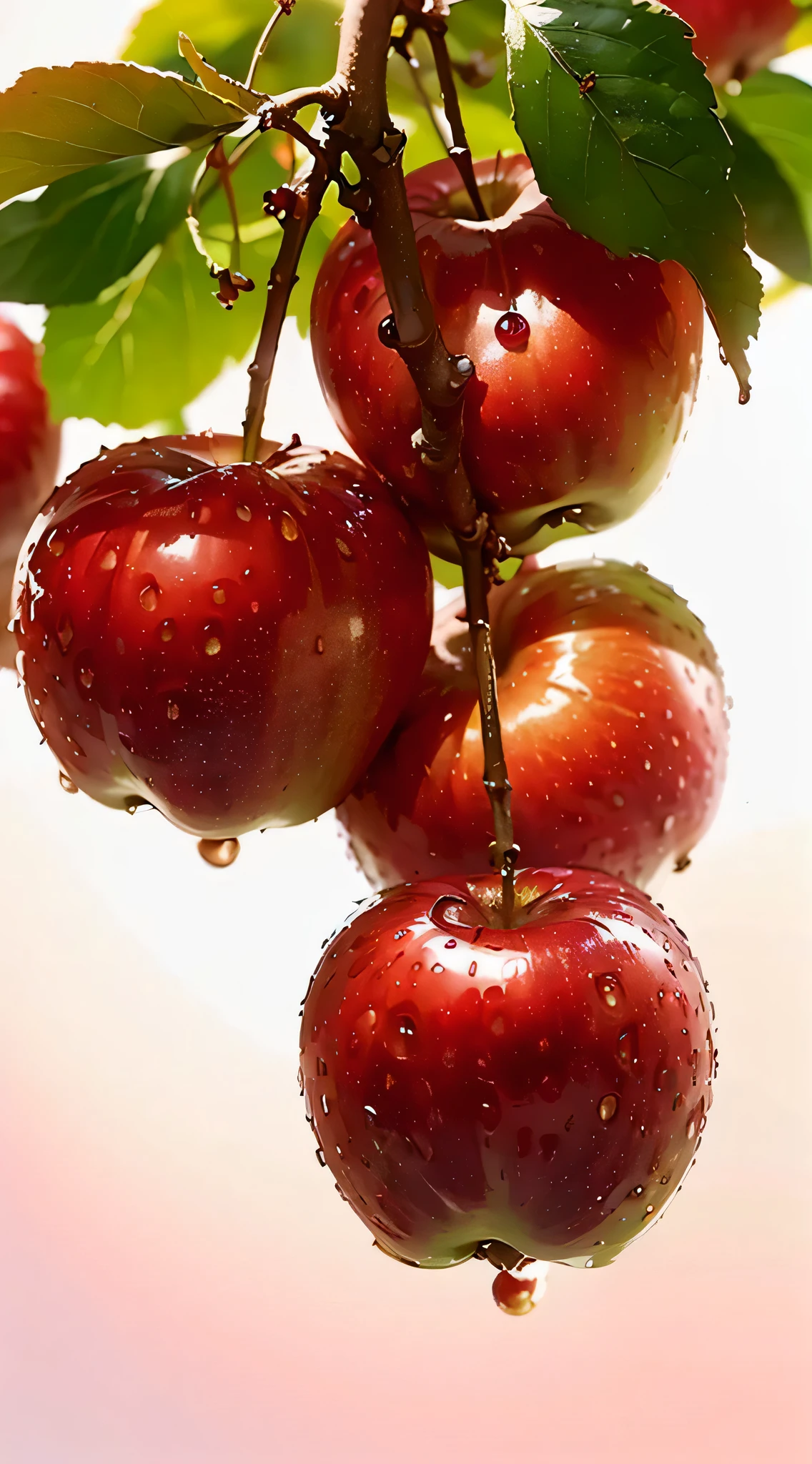 there are three apples hanging from a tree with water droplets, red apples, red apple, professional fruit photography, apples, cherry, candy apple, apple, fruit trees, berries dripping, beautiful wallpaper, apple tree, Wallpapers – 1 0 2 4, cherry, describe, High quality wallpaper, apple trees, 4kHigh quality wallpaper, cherry explosion