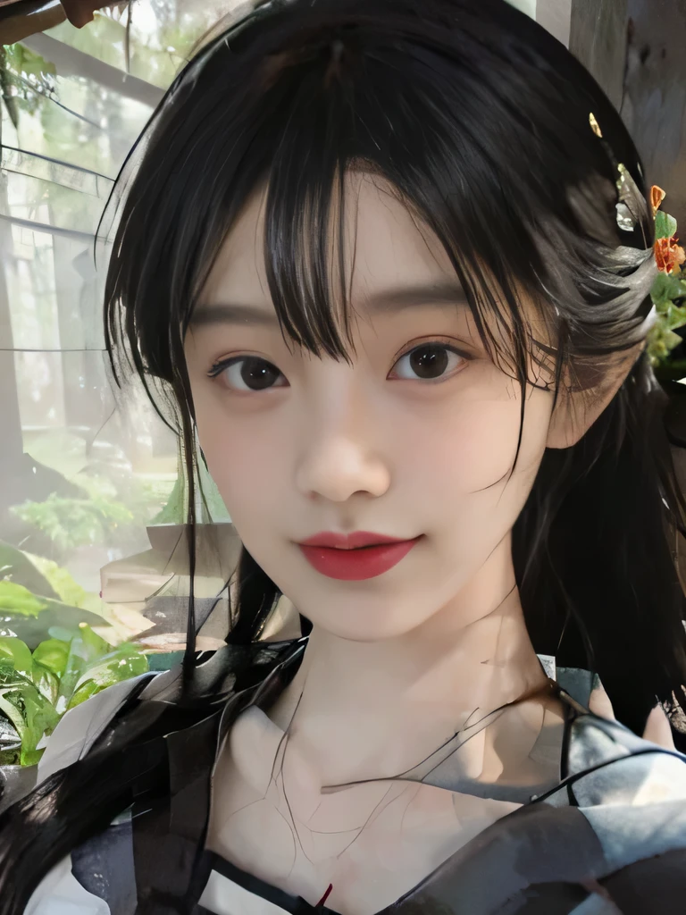 １girl、japanese kimono、in the forest、outside、Background of the Edo period、brightly colored kimono、Her hair was neatly bunched、decorated.、smile、upper body close-up、clavicle show、black hair、