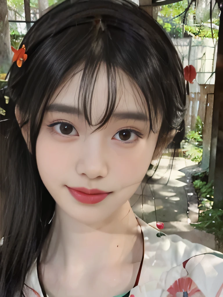 １girl、japanese kimono、in the forest、outside、Background of the Edo period、brightly colored kimono、Her hair was neatly bunched、decorated.、smile、upper body close-up、clavicle show、black hair、