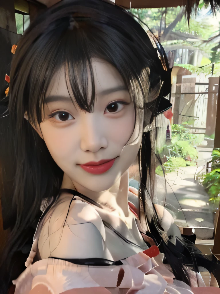 1girl、japanese kimono、in the forest、outside、Background of the Edo period、red kimono、Her hair was neatly bunched、decorated.、smile、upper body close-up、clavicle show、black hair、