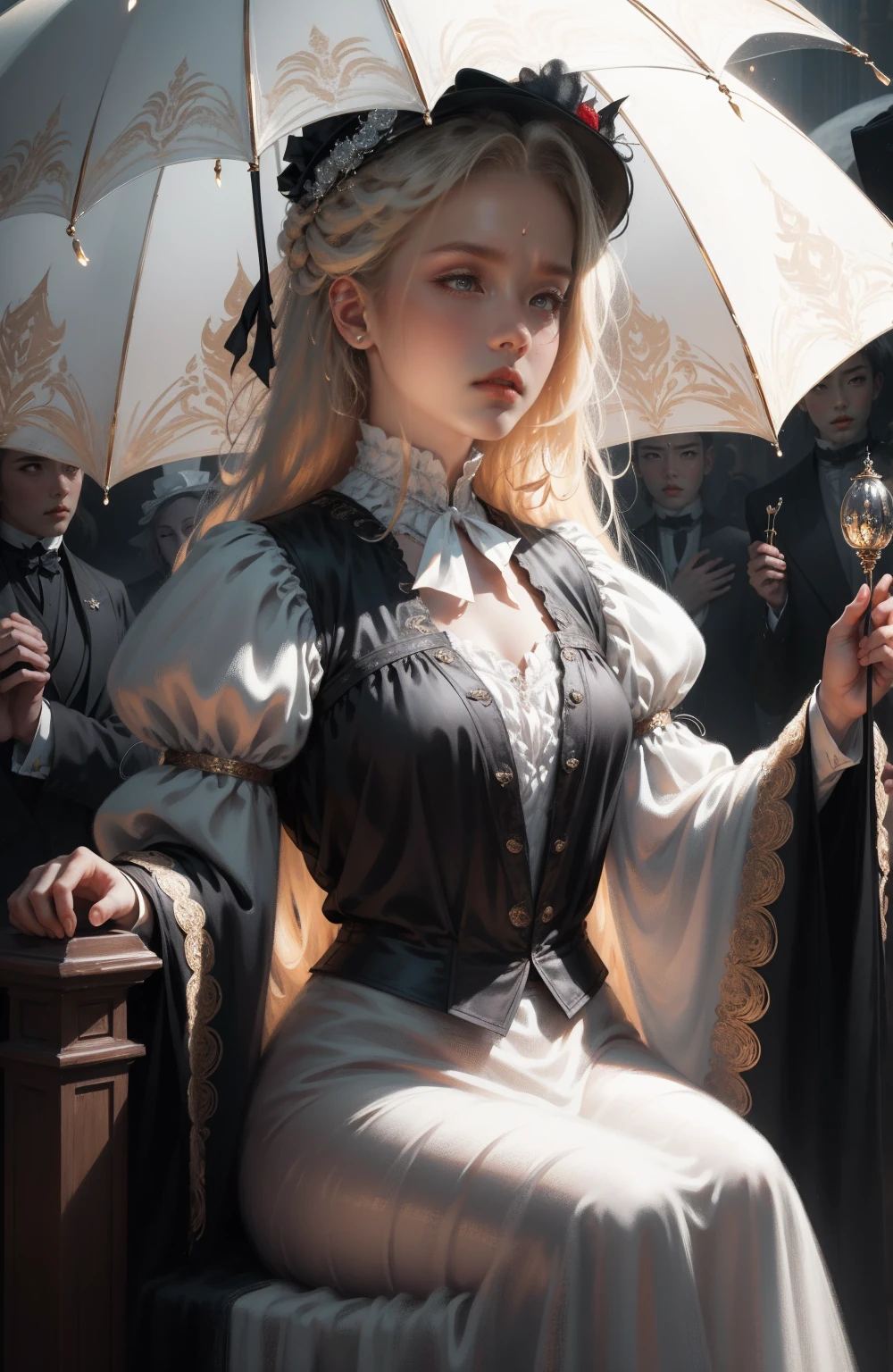{ - anatomy error}(Masterpiece - Ultra-detailed, very high resolution) Prepare to be enchanted by a true masterpiece that combines ultra-detailed art with high-resolution rendering. This work depicts a mesmerizing woman with very long blond hair (1.3) and captivating gray eyes (1.2), emanating an aura of elegance and mystery in Victorian settings. The intricate details and realistic textures invite you to explore every aspect of this enchanting composition. Woman wearing beautiful classic Victorian costume from the year 1878. Red lips. Happy face. Smiling. Delicate smile. white (white) dress. on the sun with umbrella, dynamic poses. Get ready to dive into a world where beauty and craftsmanship merge perfectly.