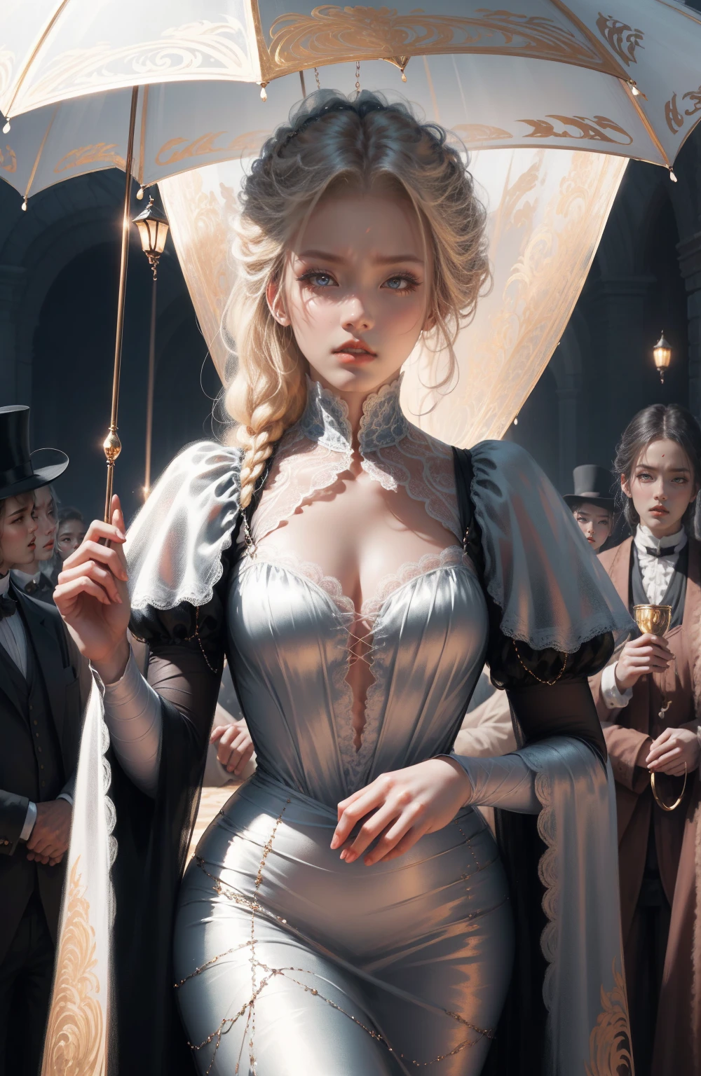 { - anatomy error}(Masterpiece - Ultra-detailed, very high resolution) Prepare to be enchanted by a true masterpiece that combines ultra-detailed art with high-resolution rendering. This work depicts a mesmerizing woman with very long blond hair (1.3) and captivating gray eyes (1.2), emanating an aura of elegance and mystery in Victorian settings. The intricate details and realistic textures invite you to explore every aspect of this enchanting composition. Woman wearing beautiful classic Victorian costume from the year 1878. Red lips. Happy face. Smiling. Delicate smile. white (white) dress. on the sun with umbrella, dynamic poses. Get ready to dive into a world where beauty and craftsmanship merge perfectly.