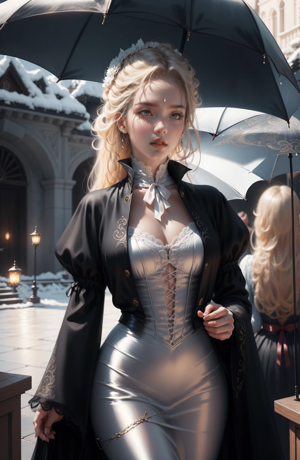 { - anatomy error}(Masterpiece - Ultra-detailed, very high resolution) Prepare to be enchanted by a true masterpiece that combines ultra-detailed art with high-resolution rendering. This work depicts a mesmerizing woman with very long blond hair (1.3) and captivating gray eyes (1.2), emanating an aura of elegance and mystery in Victorian settings. The intricate details and realistic textures invite you to explore every aspect of this enchanting composition. Woman wearing beautiful classic Victorian costume from the year 1878. Red lips. Happy face. Smiling. Delicate smile. white (white) dress. on the sun with umbrella, dynamic poses. Get ready to dive into a world where beauty and craftsmanship merge perfectly.