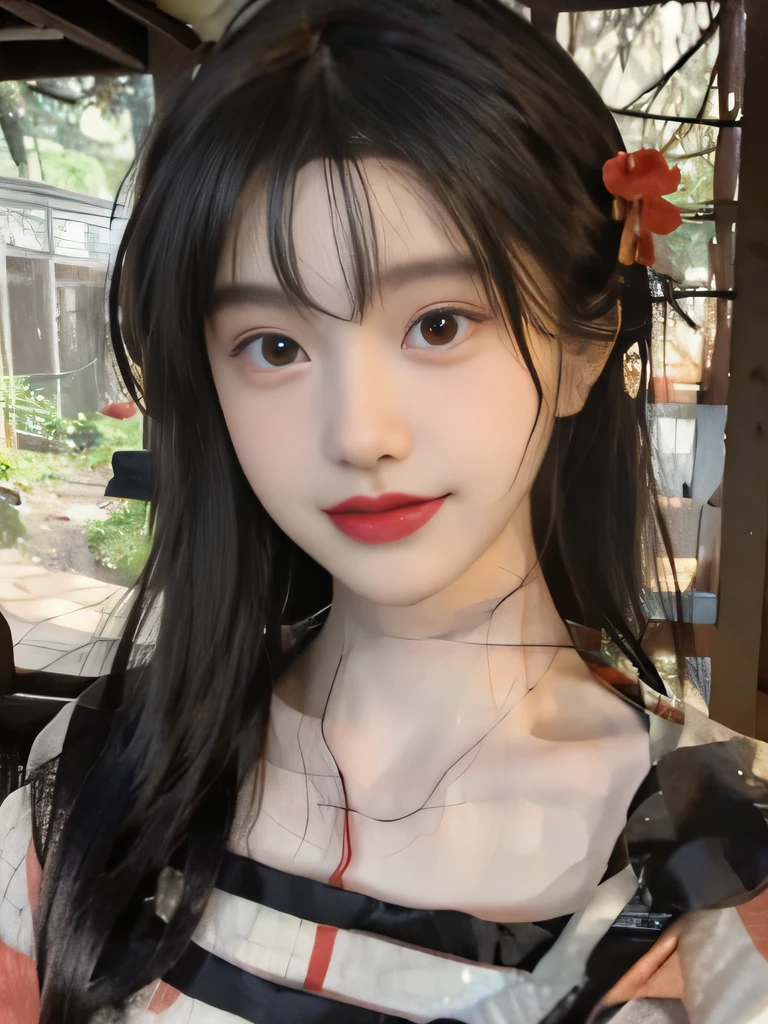 １girl、japanese kimono、in the forest、outside、Background of the Edo period、red kimono、Her hair was neatly bunched、decorated.、smile、upper body close-up、clavicle show、black hair、bright red lipstick