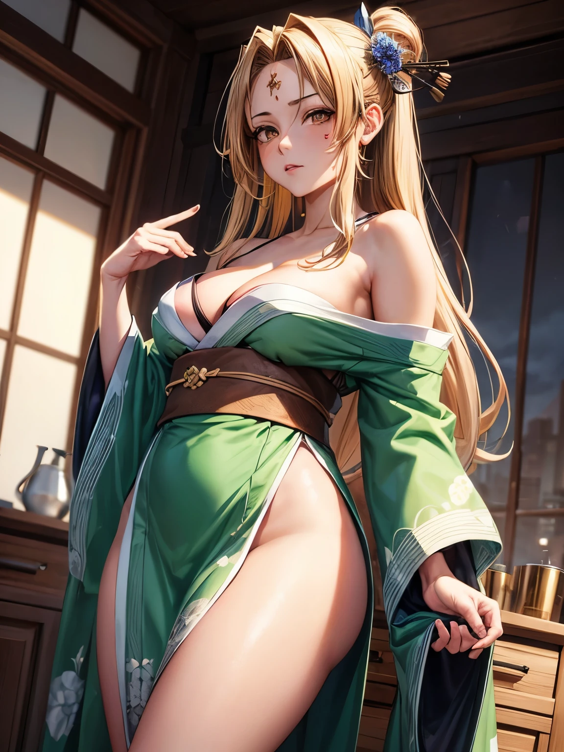 tsunade, tsunade, blonde hair, yellow hair, facial mark, forehead mark, long hair, makeup,  female, (brown eyes:1.7), (medium breast
BREAK cleavage, barers, green kimono, japanese clothes, kimono, off shoulder, wide sleeves, naked
BREAK outdoors,,
BREAK looking at viewer, (cowboy shot:1.5),
BREAK (masterpiece:1.2), best quality, high resolution, unity 8k wallpaper, (illustration:0.8), (beautiful detailed eyes:1.6), extremely detailed face, perfect lighting, extremely detailed CG, (perfect hands, perfect anatomy),