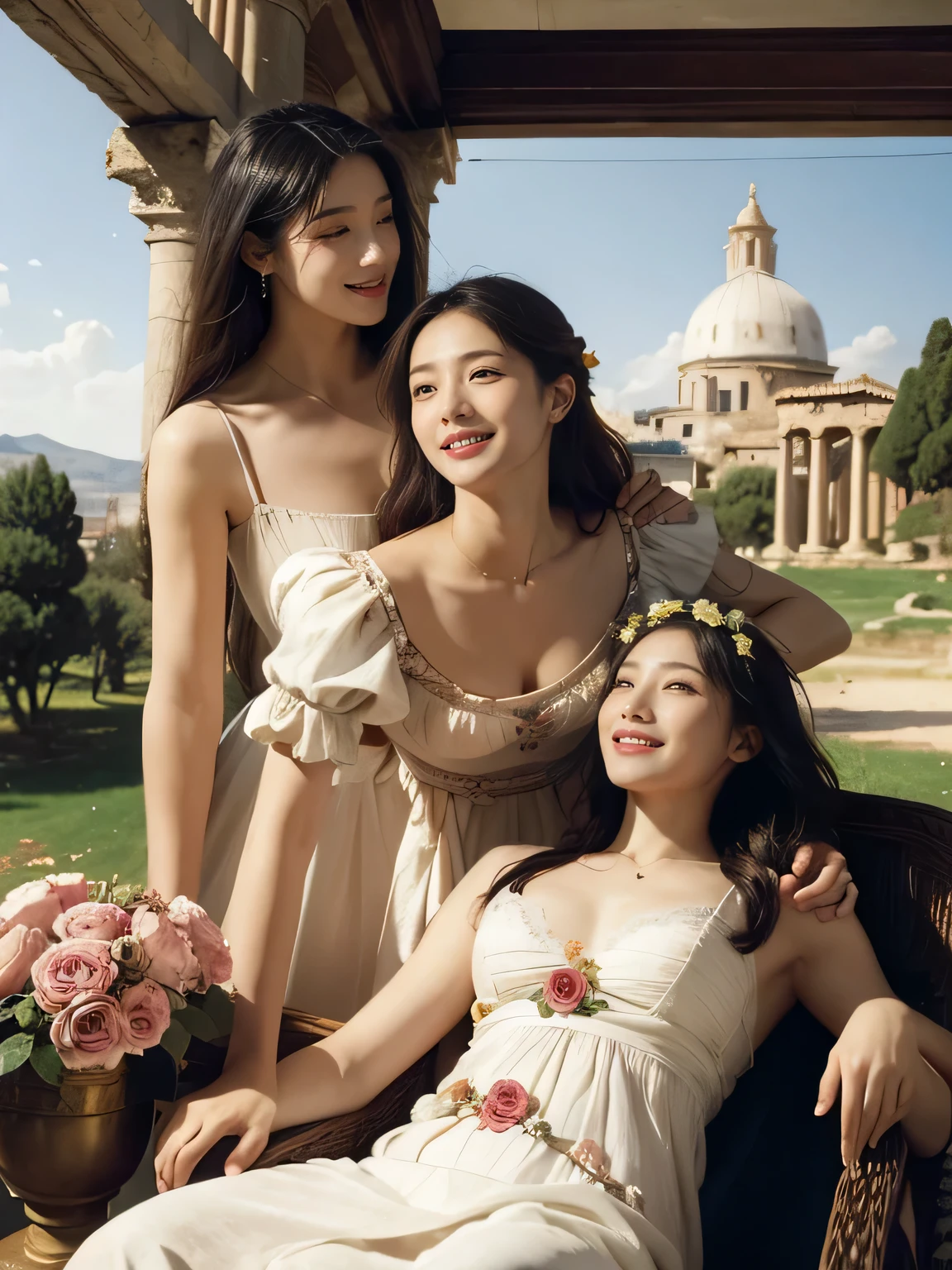 Giorgione painting style,Arguments of two female Philosophe,math、astronomical machine、astronaut、roses in vase、fruits、Cute trinkets、smile、ancient greek costume、Ancient Roman landscape in the style of Nicolas Poussin,laughter,,Sweet and seductive appearance.、Caravaggio's paintings、Chiaroscuro of Caravaggio、hair tousled by the wind,Two women frolicking,cute smile, expression of ecstasy,Sexy,erotic