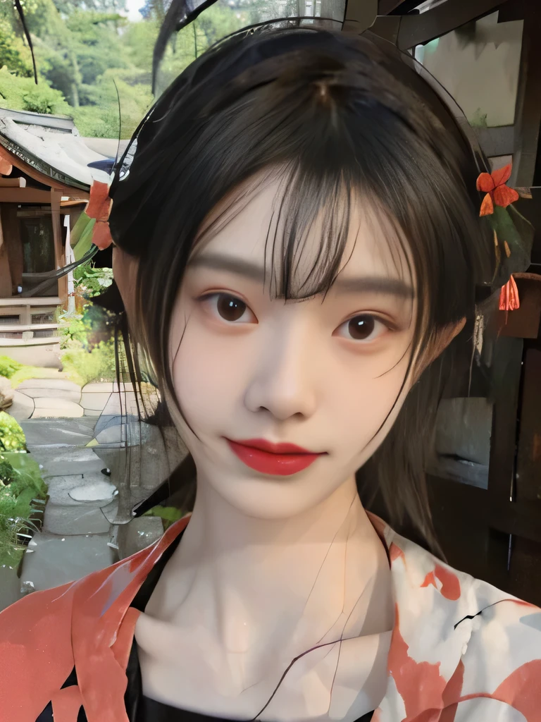 1girl、japanese kimono、in the forest、outside、Background of the Edo period、red kimono、Her hair was neatly bunched、decorated.、smile、upper body close-up、clavicle show、black hair、bright red lipstick