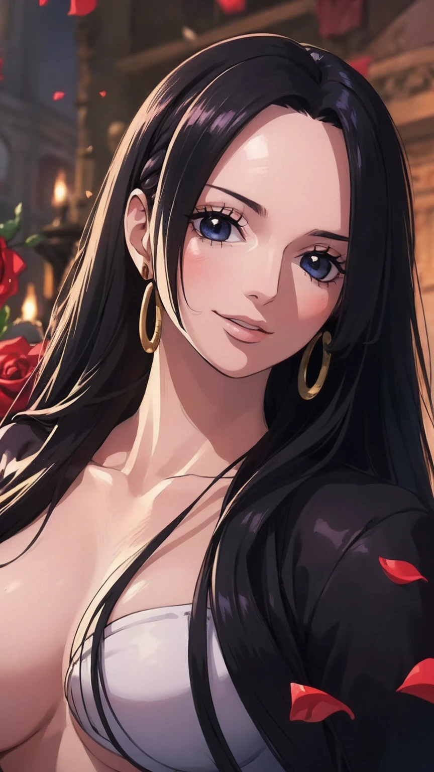 best quality, masterpiece, highly detailed,1girl, ((rose)), (vine), cage, bandage, red rope, (detail light), falling rose petals, Boa Hancock,, (masterpiece:1.5), Detailed Photo, Smiling,(8K, Photorealistic, Best Quality: 1.4), (1girl), Beautiful Face, (anime realistic Face), (Black Hair, long Hair: 1.3), Beautiful Hairstyle, Realistic eyes, beautiful detail eyes, (realistic skin), beautiful skin, (sweater), absurd, attractive, ultra high resolution, ultra realistic, high definition, golden ratio,