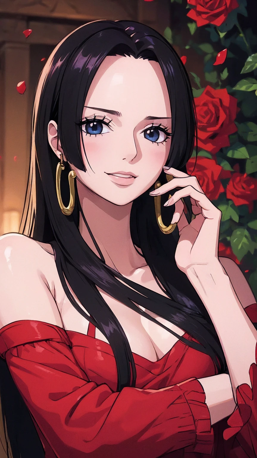 best quality, masterpiece, highly detailed,1girl,  ((rose)), (vine), cage, bandage, red rope, (detail light), falling rose petals, Boa Hancock,, (masterpiece:1.5), Detailed Photo, Smiling,(8K, Photorealistic, Best Quality: 1.4), (1girl), Beautiful Face, (anime realistic Face), (Black Hair, long Hair: 1.3), Beautiful Hairstyle, Realistic eyes, beautiful detail eyes, (realistic skin), beautiful skin, (sweater), absurd, attractive, ultra high resolution, ultra realistic, high definition, golden ratio,