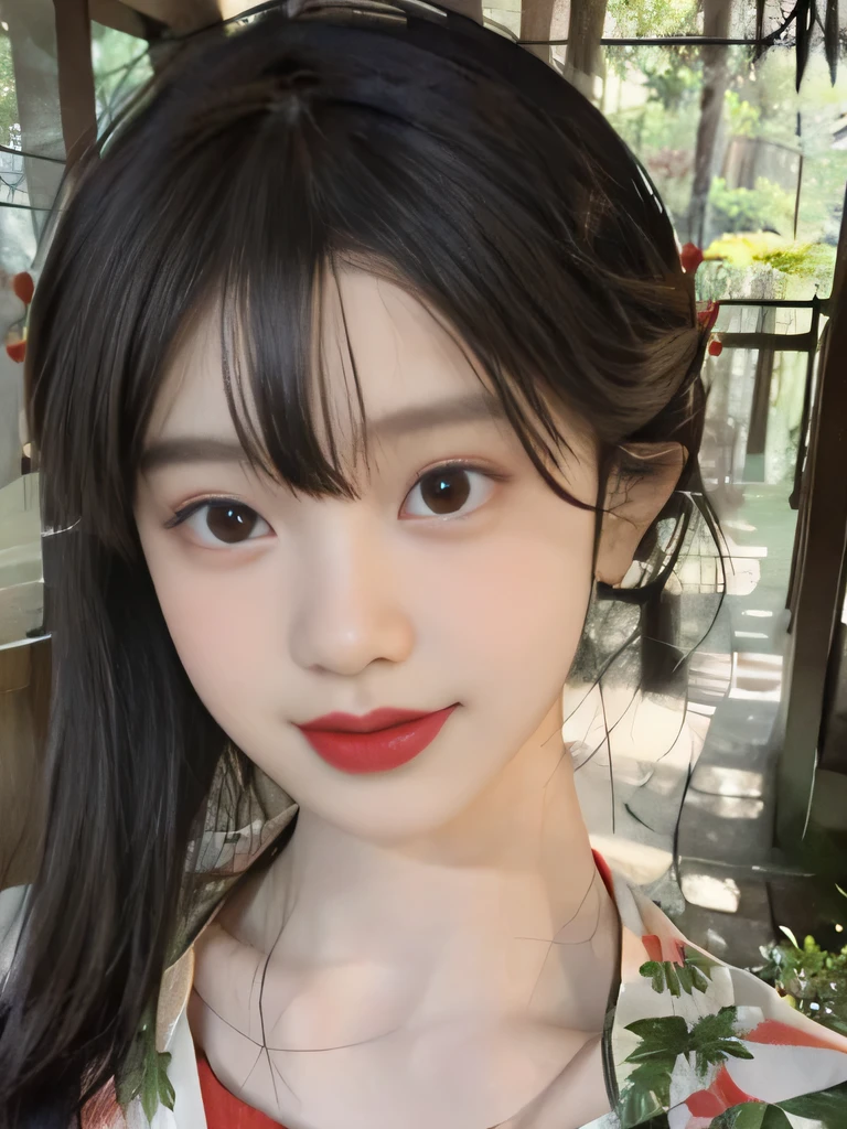 １girl、japanese kimono、in the forest、outside、Background of the Edo period、red kimono、Her hair was neatly bunched、decorated.、smile、upper body close-up、clavicle show、black hair、bright red lipstick