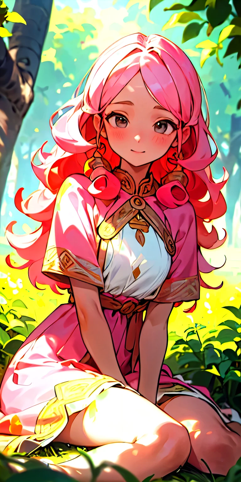 (Obra maestra, Mejor calidad),1 calm girl with curls and pink hair sitting in a field of colorful flowering plants and trees, su mano debajo de su barbilla, warm lighting, colorful dress with decorations, primer plano borroso