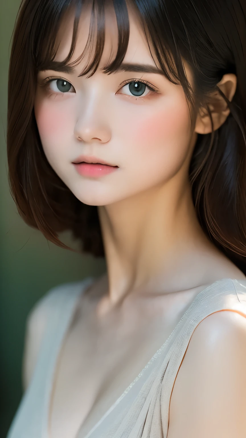 digital portrait、realistic depiction of the human body、RAW photo、one girl、gentle gray eyes、plump lips、An ennui look、small breasts、shortcut、black classy dress、highest quality、super resolution、master piece:1.5、medium depth of field、50ｍｍlens、cinematic lighting、Backlight、professional photographer、