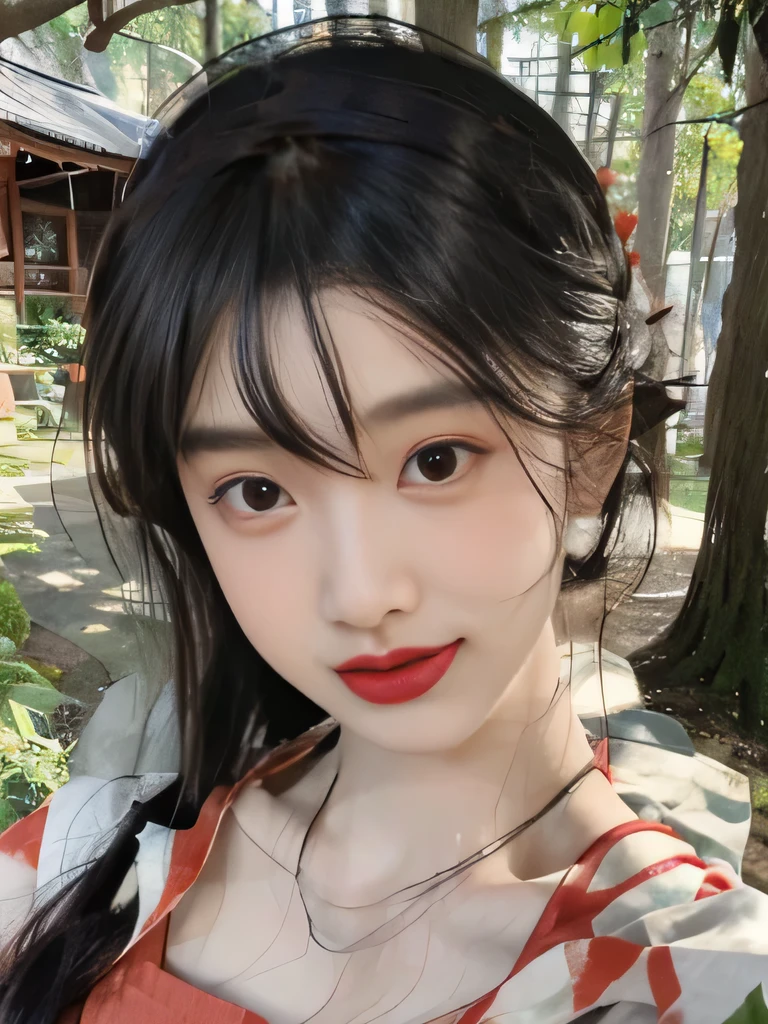 1girl、japanese kimono、in the forest、outside、Background of the Edo period、red kimono、Her hair was neatly bunched、decorated.、smile、upper body close-up、clavicle show、black hair、bright red lipstick
