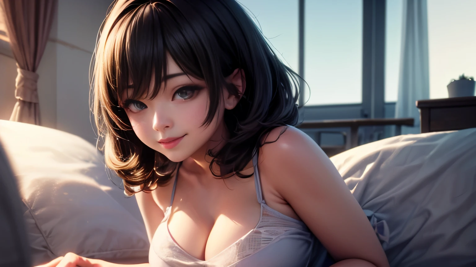 1 photo、((highest quality)), ((masterpiece)), (be familiar with: 1.4), 3D, HDR (high dynamic range), ray tracing, NVIDIA RTX, super resolution, unreal 5, scattered below the surface, PBR texture, Post-processing, anisotropic filtering, written boundary depth, maximum sharpness and sharpness, multilayer texture, Albedo and highlight mapping, surface coloring, Accurate simulation of honey-material interactions, perfect proportions, octane rendering, Large Diameter, Low ISO, White balance, Usually 3 o'clock, 8,000 students, Beautiful and bright pupils, delicate face and eyes, long eyelashes, short bob hair, straight hair、brown hair、pink lips, Pure, cute, sweet girl, smile、cleavage、18-year-old、bedに寝ている、bed、smile、cleavage