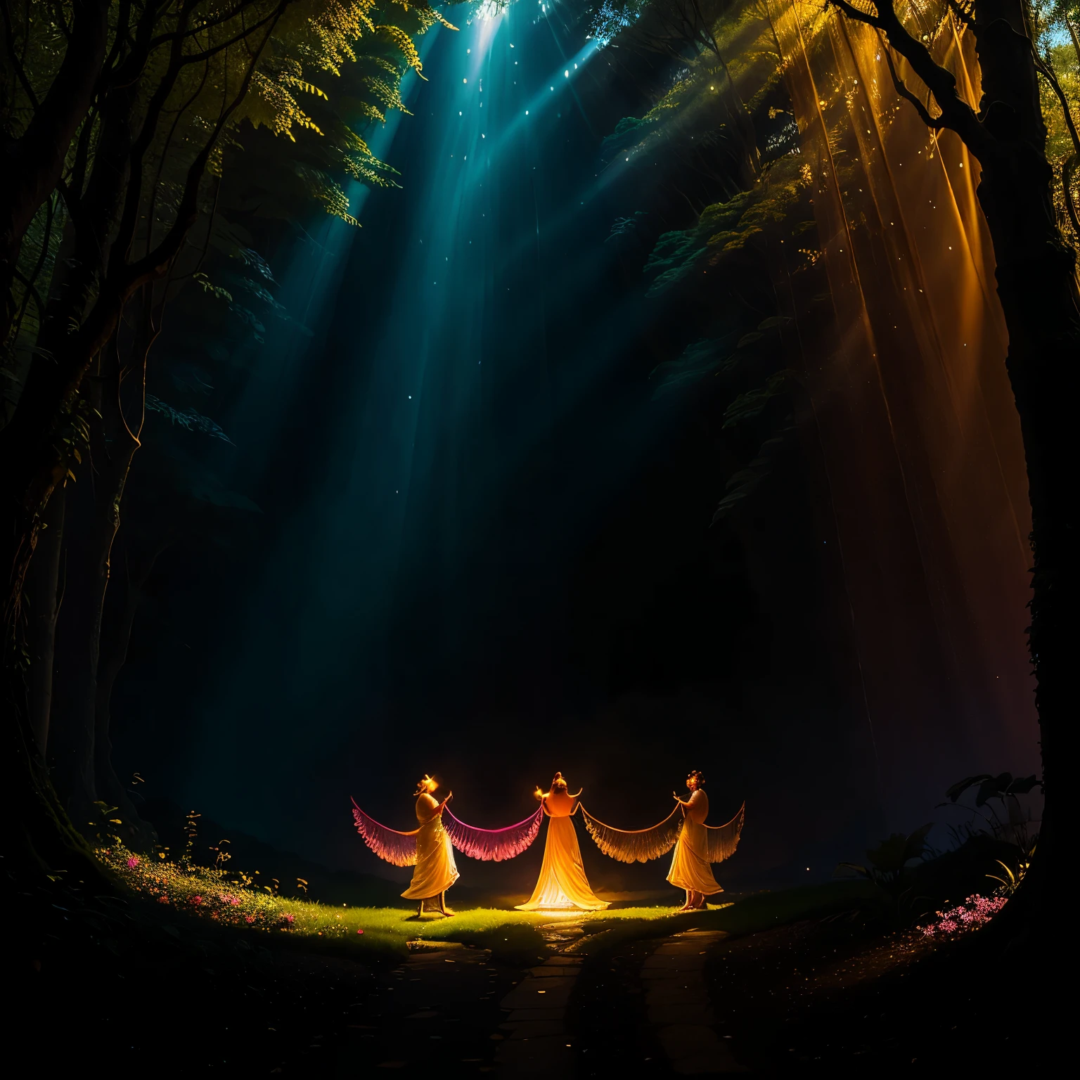Picture a scene of Seres de Luz, or Light Serestoas, in a mystical garden filled with radiant flora and fauna. The sky above is painted with hues of pink, orange, and gold, casting a warm and welcoming glow on the landscape below. In the center of this idyllic setting, a group of ethereal beings gracefully float amongst the leaves and petals, their translucent wings outstretched, shimmering with an inner light.
The Seres de Luz are clad in gossamer robes, their forms bathed in the golden light filtering through the canopy. Their faces are adorned with delicate, diaphanous wings