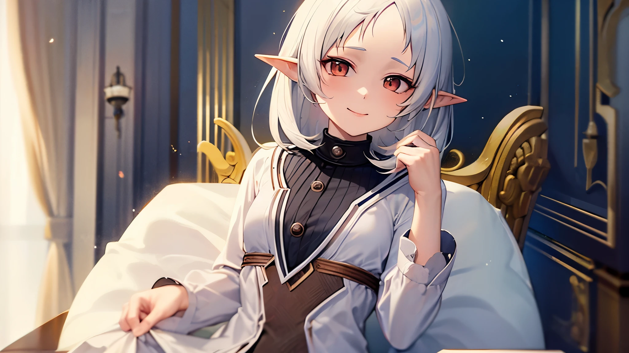 a cute character with a shy smile named Sylphie with elf-like ears and white short hair, closed eyes with a soft cute smile. The character is wearing a white long-sleeve shirt and a brown skirt, is sitted on a chair amidst a serene and beautifully illuminated room. Mushoku Tensei. anime style masterpiece. Ultra HD. Super Details. Best Quality