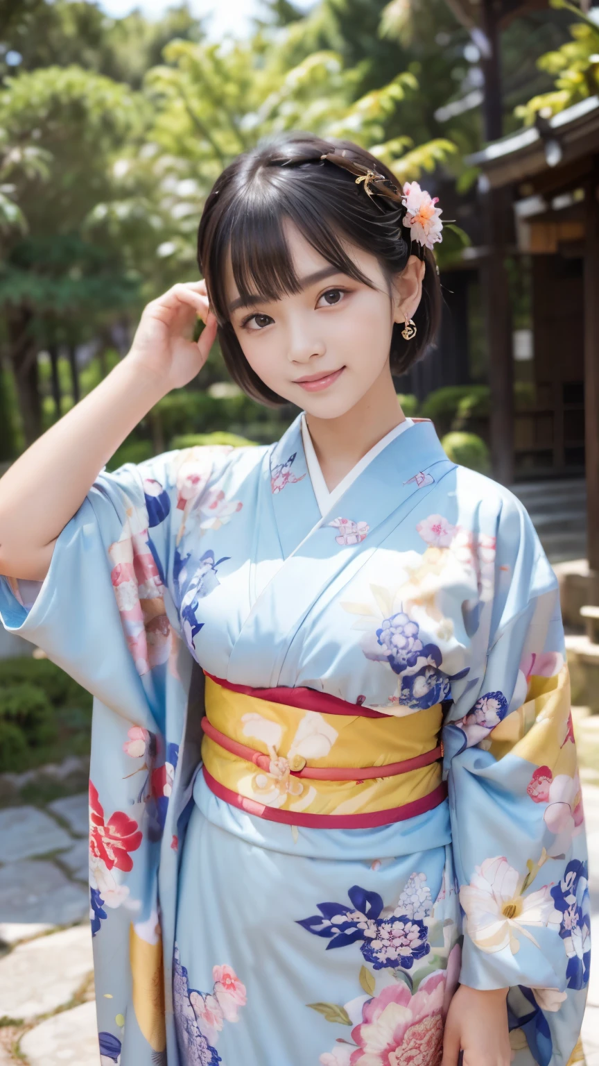 Masterpiece, Best-quality, RAW-photo, Ultra-High-Resolution, Photorealistic,
(Anatomically correct, -yeld, vir's lover, She truly loves viewers, baby face,e, Perfect body, slim waist and busty body, Slender legs, Large breast, Realistic skin, angle from below, Show your whole body style),
((Wear Kimono with intricate patterns and traditional designs, detailed colors, Kimono with brightly colored patterns, Traditional and luxurious kimono:1.3)),
(maiko, Round face, Black hair, Moist eyes, Shining eyes, Short bob cut, Bangs, Down-slating eyebrows, one little earring, Light blush),
(Look at the viewer, See photographer, standing),
(sensual smile, parted lips, grin),
(traditional japanese garden),
Natural lighting, full length,