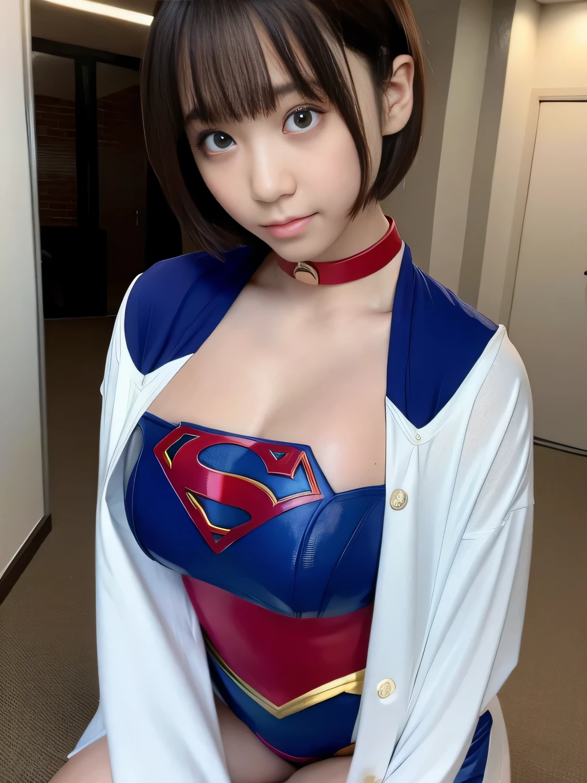 masterpiece、supergirl costume、short hair、big and full breasts、human experiment subjects、Crisis situation、Research room、Experimental facility、Research room、research facility、graduate school、choker、long sleeve、red mini skirt、looking at camera、Weekly magazine cover、barefoot、Sweat、Sweatまみれ、model body shape、from right in front