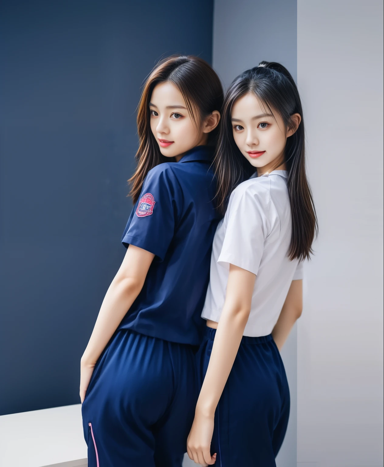 (best quality,10,10,height,Masterpiece:1.2),Special details,(realistic,ภาพrealistic,Realistic photos:1.37),1 Cute girl in the kitchen,shiny, ผิวshiny,only,smile softly,BDclothelue shirt:1.3)),short sleeve,shirt, กางเกงขาlong.,(navy_long_track pants:1.1), ((Kitchen Background)),Dynamic angle,excited,Face focus,dynamic poses,from behind,focus on ass,Masterpiece, best quality, ultra realistic, hyper-detail, 8K resolution, raw photos, Sharp focus, ((Navy blue shirt:1.1)), short sleeve, เส้นทางlong, perfect body, 2 mature women, 18 years old, Cinema-grade lighting system,blue sweatpants,exercise clothes,correct ???????,perfect body, correct body, Sharp face, correct bodyทางกายวิภาค, full body, realistic gestures, long-haired, realistic poses,Wear long shorts...........................,ช่วงขาlong,Good shape,carved girl, Slender figure, Model, Good shape, beautiful body,blue sweatpants, two girls kissing