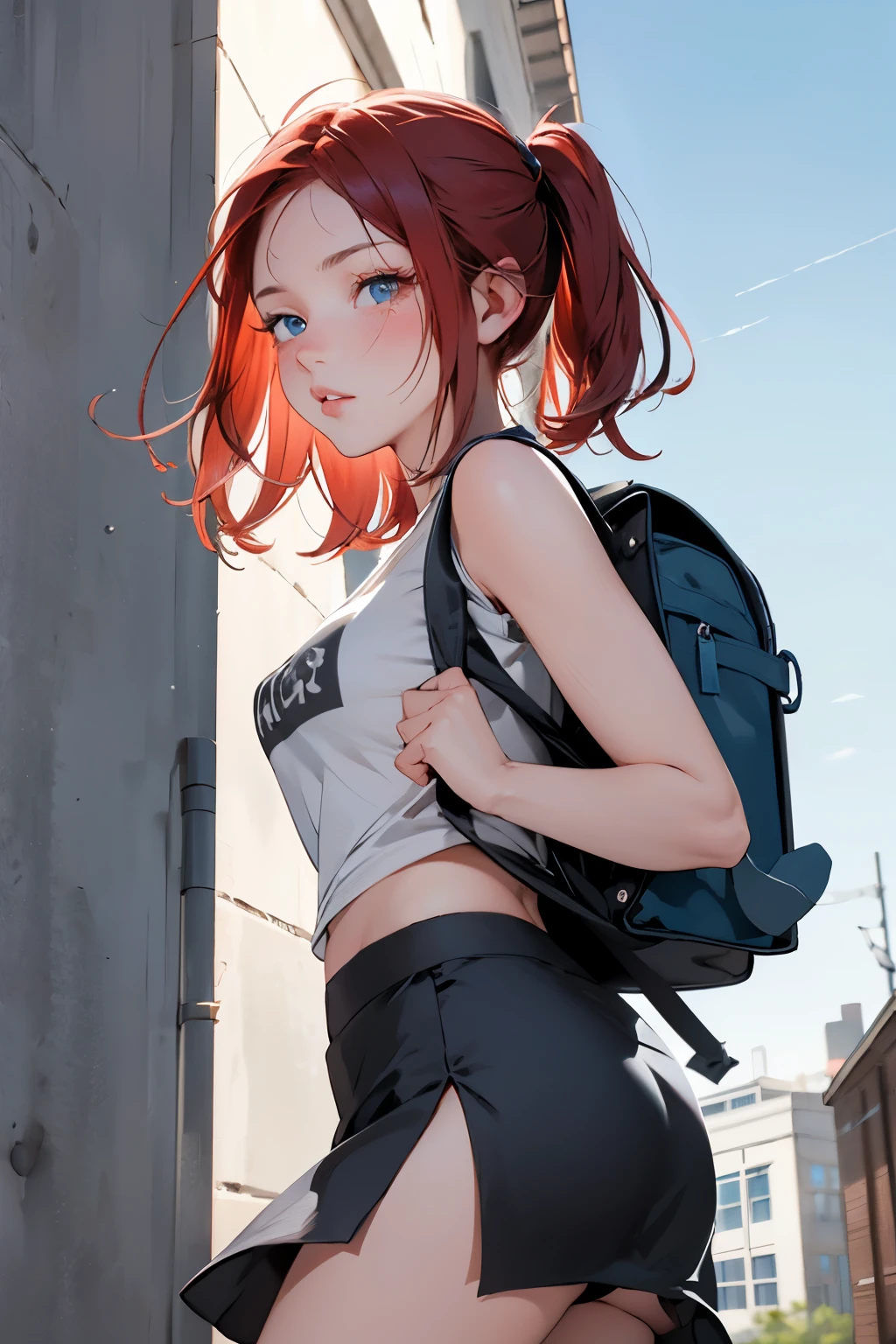 A girl wearing a T-shirt, a flared skirt, and a backpack, her skirt flips up: 1.5, When she turns around, she sees blue eyes, a blue sky, blushing: 1.1, a disgusted face: 1.0