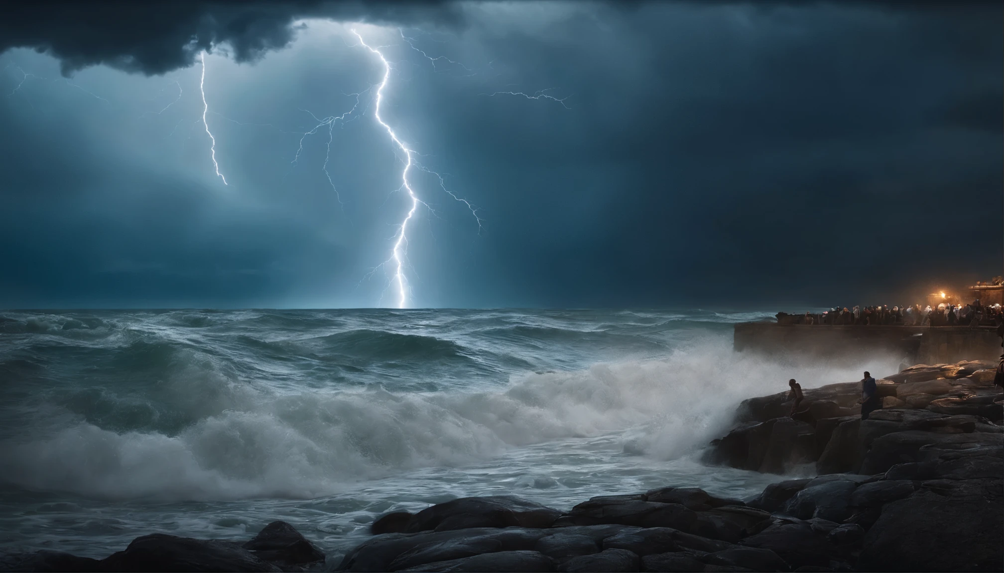 THERE ARE SEVERAL PEOPLE THERE ARE MANY PEOPLE IN THE SEA, Cloudy sky, DENSAS NUVENS, MUITA CHUVA, lightning, TEMPORAL FORTE, PEOPLE BEING SWALLOWED BY SEA WATER, Biblical epic scene, A.C.